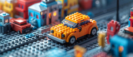 Close-up view of a toy car in a city setting.の写真素材