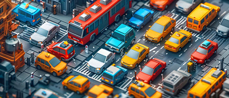 3D illustration of a big city with lots of cars and buses