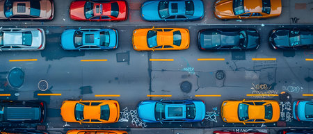 Aerial view of a parking lot with cars in the city.