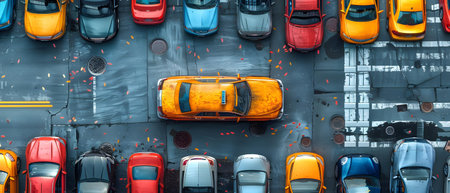 Aerial view of cars in a parking lot. 3D rendering