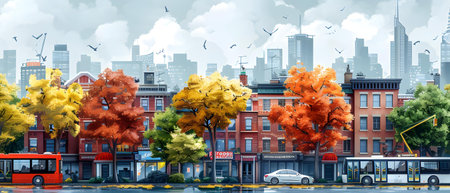 Autumn cityscape with skyscrapers and colorful trees. Vector illustration.の写真素材