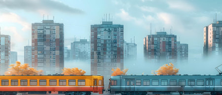 Train on a background of high-rise buildings. Vector illustration.の写真素材