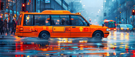 Taxi in the rain on the street of New York City.の写真素材
