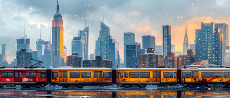Modern train on the background of the New York City skyline at sunsetの写真素材