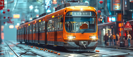 Modern electric tram on the city street. 3d render illustration.