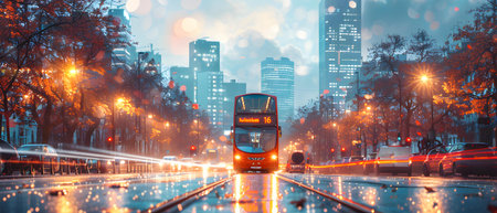 traffic in the city at night with double-decker busの写真素材