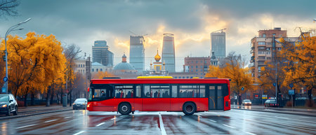 Red double decker bus on the street in Moscow, Russia.の写真素材