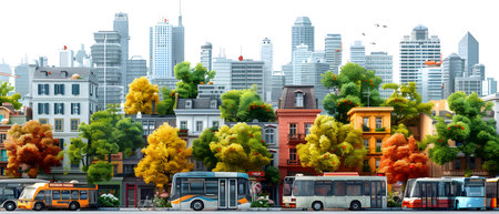 cityscape with modern city buildings and bus. 3d rendering.の写真素材