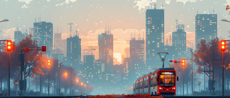 Train on the background of the modern city. The concept of travel and transport.の写真素材