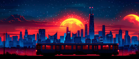 Cityscape at night with a train and full moon. Vector illustration.