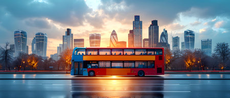 City bus on the road with modern cityscape background at sunset.の写真素材