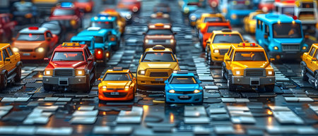 3D rendering of a city with cars on the road in the evening