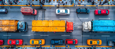 Aerial view of trucks and cars on the road. Top view.の写真素材