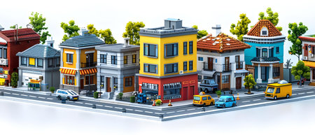 City street with colorful houses and cars, 3d rendering. Computer digital drawing.の写真素材