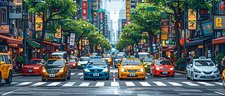 Taxi on the street in Tokyo, Japan. 3D rendering