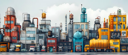 Industrial landscape with cranes, storage tanks and containers. 3d renderingの写真素材