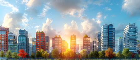 Panoramic view of the city at sunset. 3d render