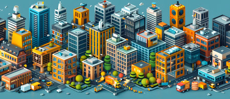 City isometric background with buildings and skyscrapers. Vector illustration.の写真素材