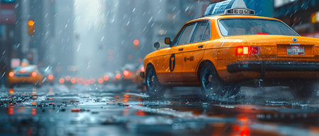 Taxi on the street in the rain. 3d rendering.