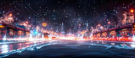 Christmas and New Year holidays background. Night cityscape with street lights and city buildings.の写真素材