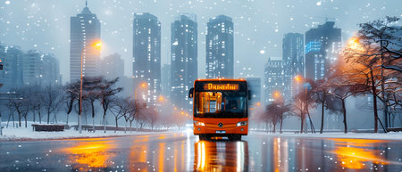 Double exposure of bus on the road with cityscape background at winter.の写真素材