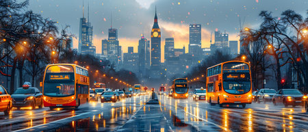 New York City skyline at sunset with traffic on the street.
