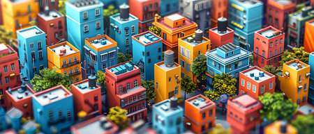 3D illustration of a cityscape with colorful buildings and trees.の写真素材