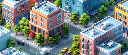 isometric city background with skyscrapers and houses, vector illustration