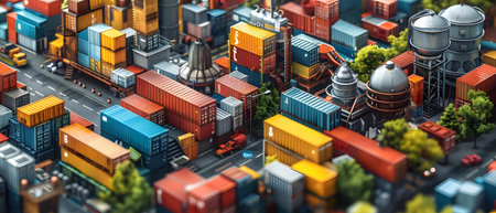 Containers and freight trains in the city. 3d illustration.