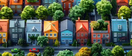 Aerial view of colorful houses with green trees on the roofs.の写真素材