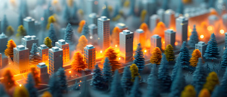 Miniature city at night with burning buildings and trees. 3d illustrationの写真素材