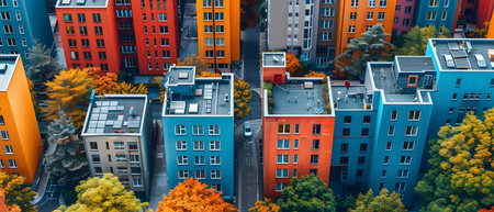 3D render of a city with colorful houses in the autumn season