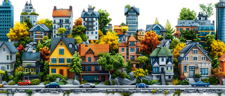 3d render of a city with houses, cars and trees.の写真素材