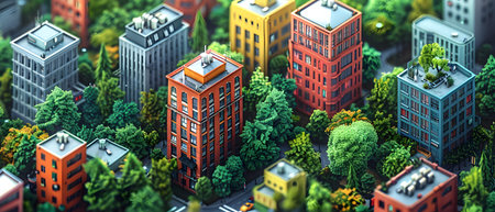 3d illustration of modern city with skyscrapers and green treesの写真素材