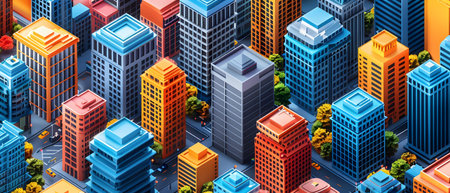 3d isometric city background with skyscrapers and buildings.