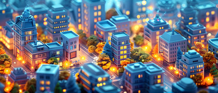 Miniature city. 3d illustration of a miniature city at nightの写真素材
