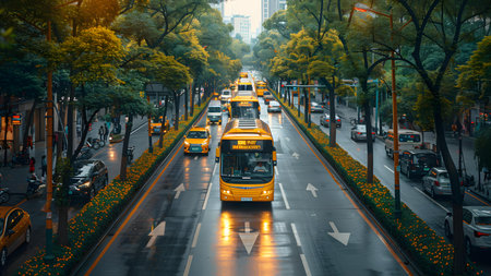 Bus on the street in a modern Asian city.の写真素材