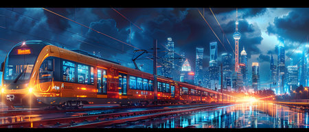 Modern train in the city at night, 3d rendering. Computer digital drawing