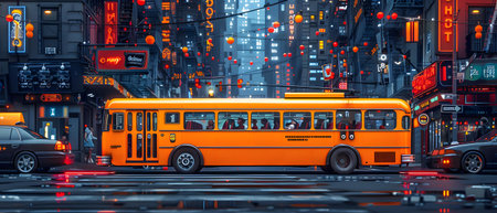Bus in the city at night, 3d rendering. Computer digital drawing.の写真素材