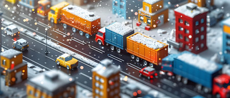 3d illustration of a city with cars, trucks and snowflakesの写真素材