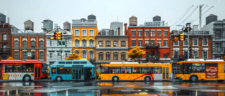 Street view with old buildings and buses. Vector illustration.の写真素材