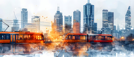 Modern tram on the background of the modern city. 3d renderingの写真素材