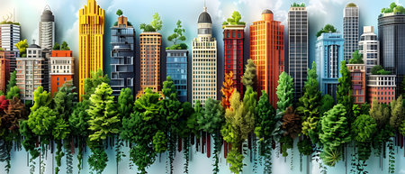 Cityscape panorama with skyscrapers and green trees. Vector illustration.の写真素材