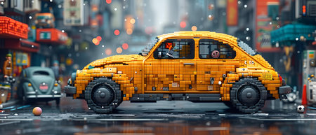 3D rendering of a yellow car on the background of the cityの写真素材