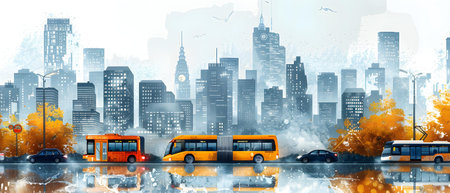 Cityscape with skyscrapers and yellow bus in autumn. Vector illustration.の写真素材