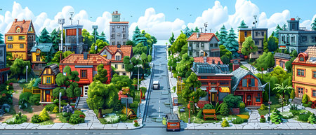 Cartoon city street with colorful houses, cars and flowers. Vector illustration.の写真素材