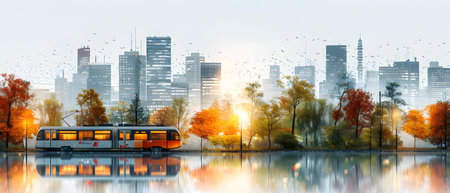Cityscape with skyscrapers and bus in autumn. 3D renderingの写真素材