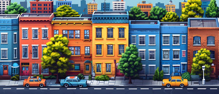 City street with colorful houses and cars. Urban landscape. Vector illustration.の写真素材