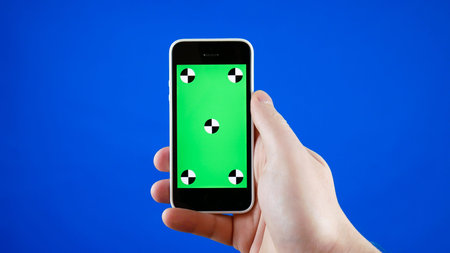 Close up. A mans hand holds a smartphone with a green screen. Blue screen background and the...