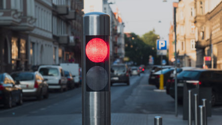 Red traffic light for pedestrians on the background of the old European city